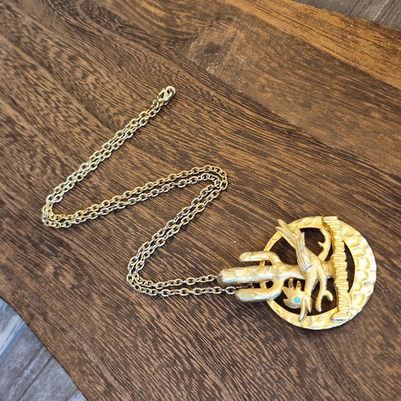 Unbranded Jewelry - Rare Roadrunner Turquoise Eye Saguaro Cactus Gold Tone Pendant Necklace